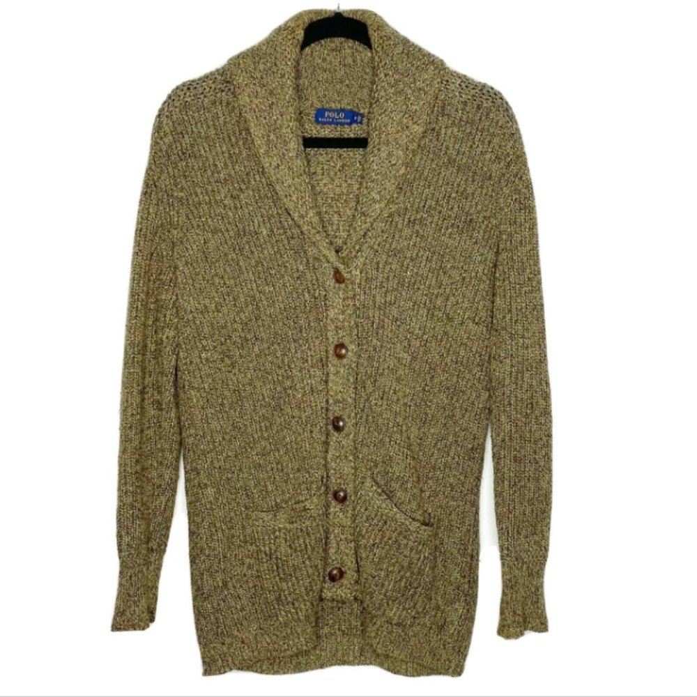 Polo Ralph Lauren Linen Brown Shawl Collar Boyfriend Cardigan Sweater Size Small